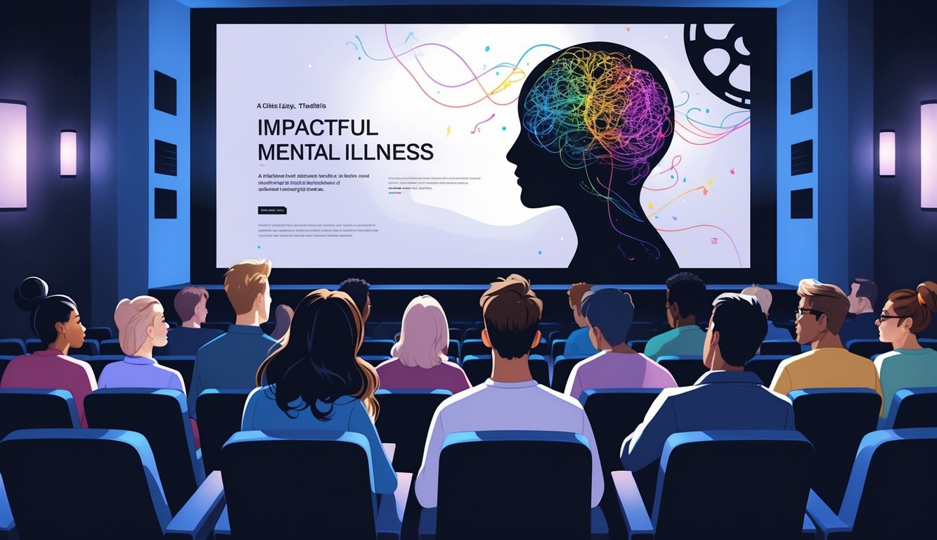 A group of people watching a movie in a theater, showing thoughtful and emotional expressions as abstract visuals about mental health are displayed on the screen.