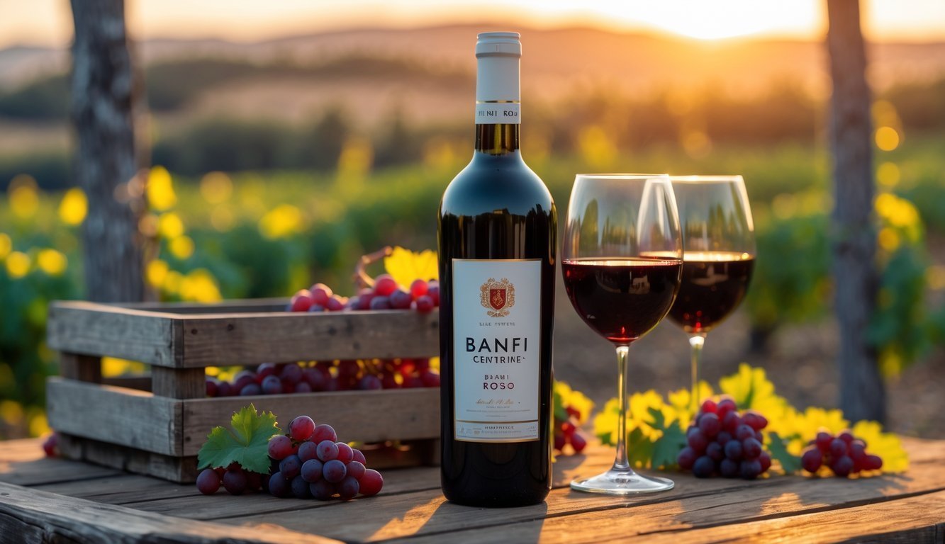 A bottle of red wine on a wooden table with glasses of red wine and a vineyard in the background.