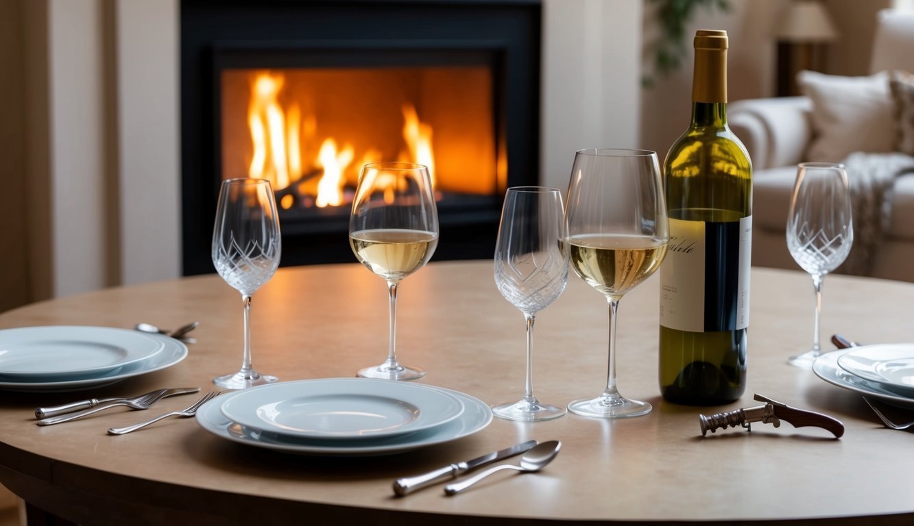 A table set with elegant wine glasses, a bottle of wine, and a vintage corkscrew. A cozy fireplace in the background adds warmth to the scene