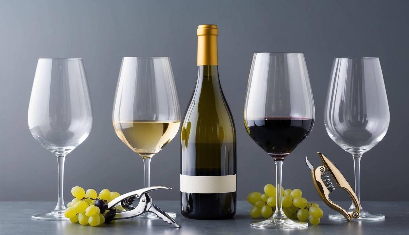 A wine bottle and glass clinking together in a toast, surrounded by elegant wine glasses and a whimsical corkscrew