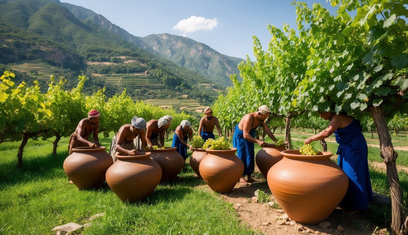 A group of ancient people gather around large clay pots, tending to grape vines in a lush, mountainous landscape