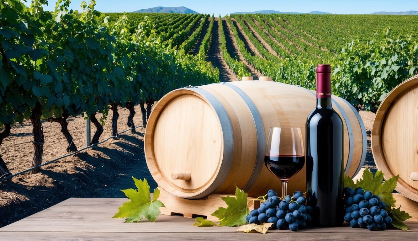 A vineyard with rows of dark grape vines, a winery with barrels, and a bottle of red wine with grapes and leaves scattered around