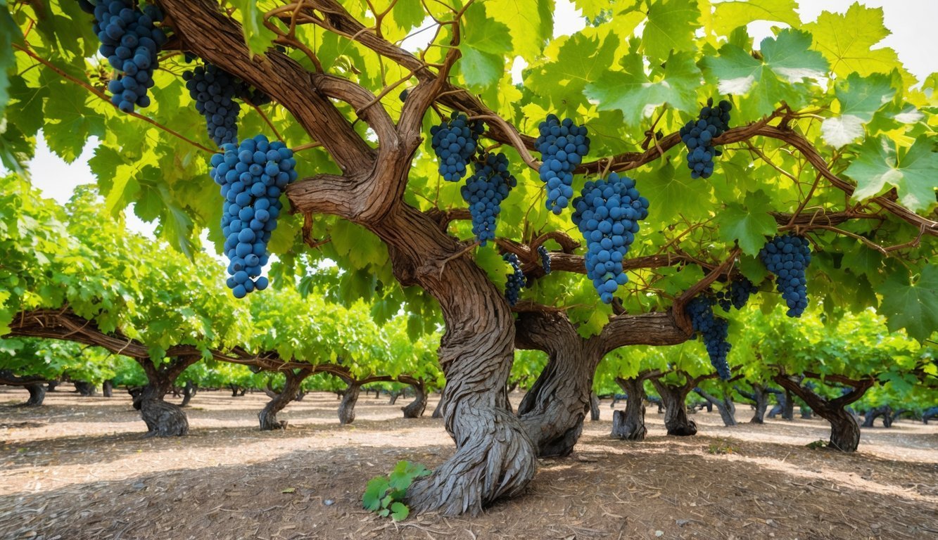 A sprawling, ancient grapevine, its gnarled trunk and twisting branches reaching out in all directions, laden with clusters of plump, ripe grapes