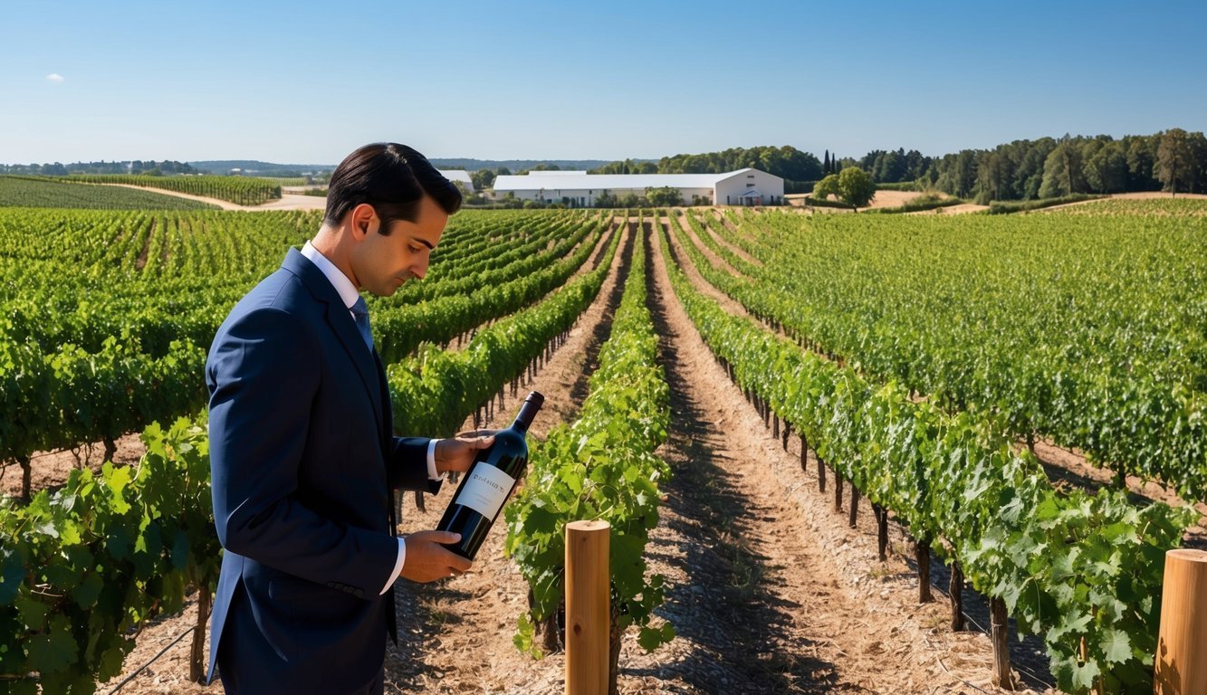 A vineyard with rows of grapevines stretching into the distance, a winery in the background, and a sommelier examining a bottle of wine
