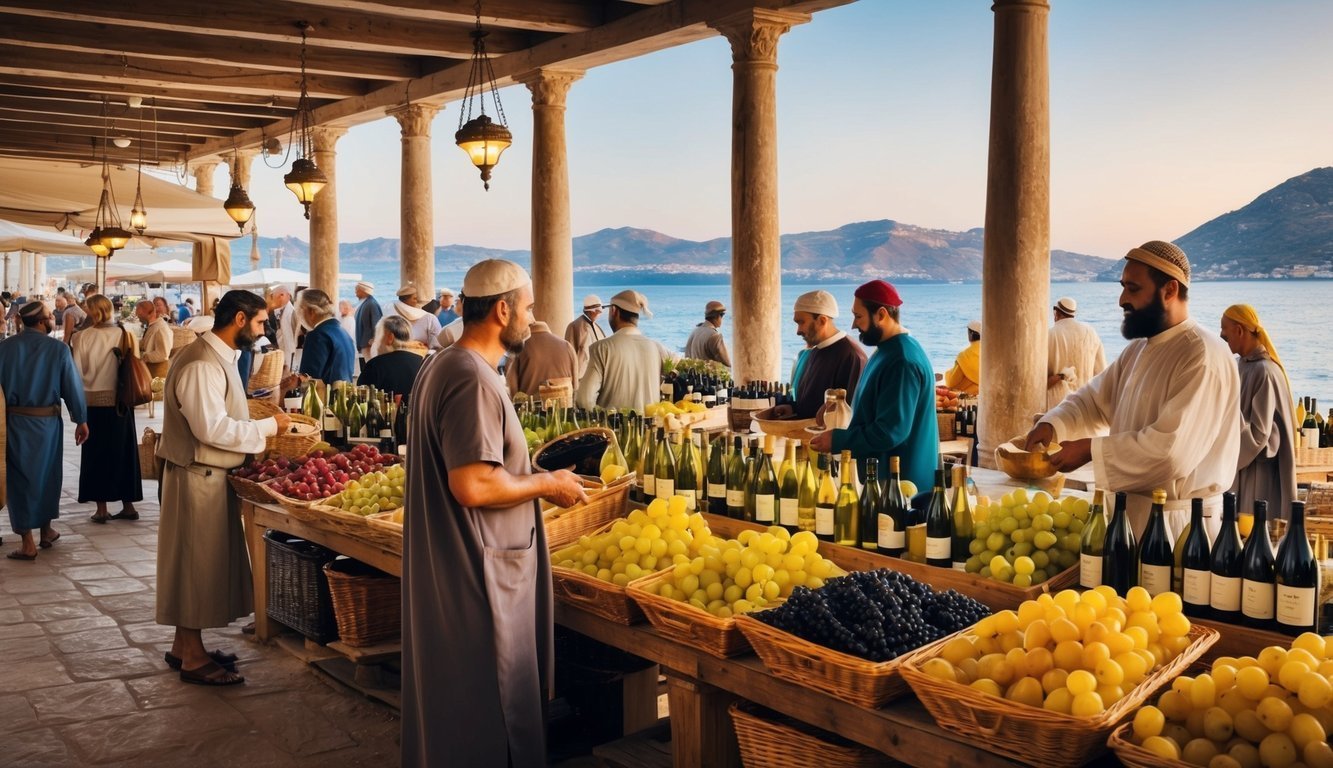 A bustling Phoenician marketplace with merchants trading amphorae of wine from various Mediterranean regions