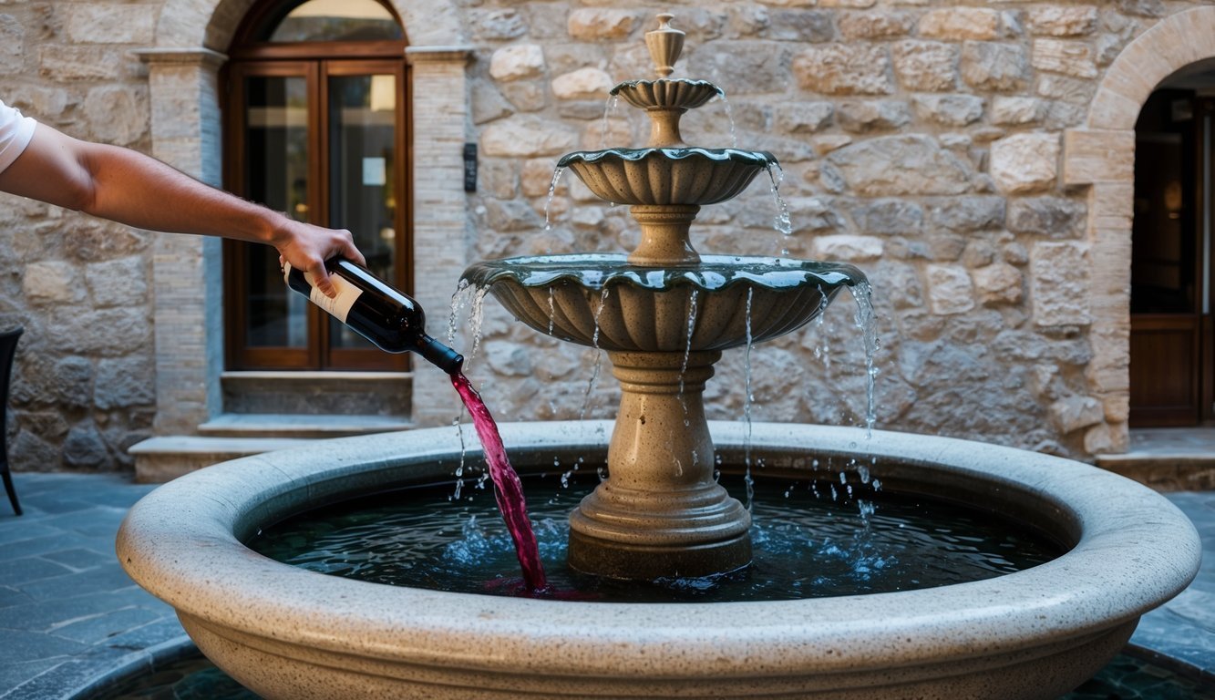 A wine fountain in Abruzzo, Italy pours red wine into a large stone basin