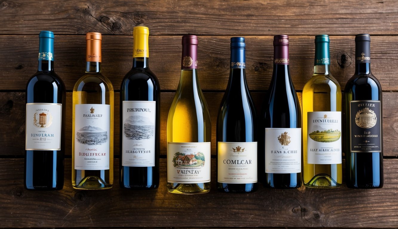 A collection of colorful wine bottles with intricate labels, each depicting a different region or flavor profile, arranged on a rustic wooden table