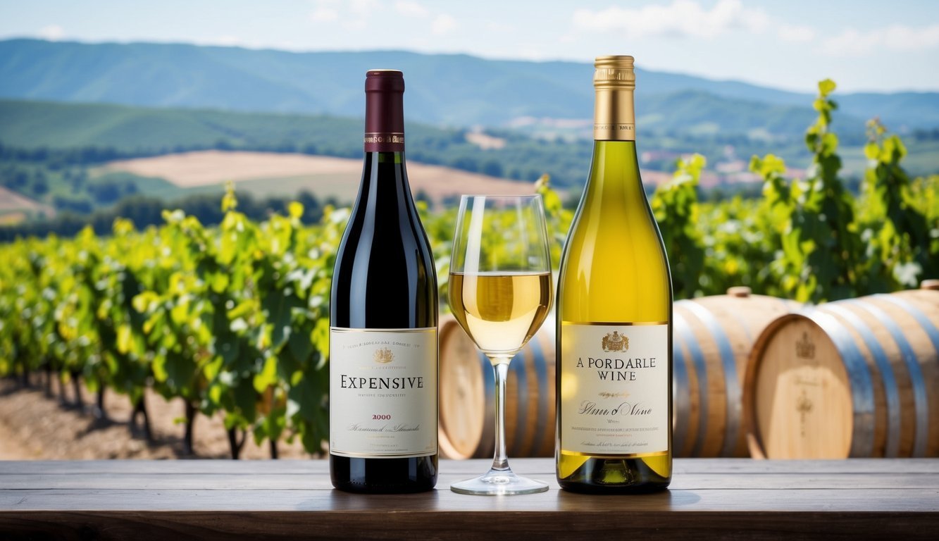 A bottle of expensive wine next to a bottle of affordable wine, both set against a backdrop of vineyards and wine barrels