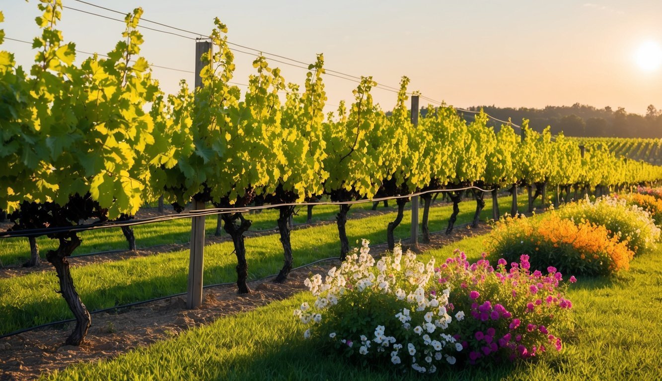 A vineyard with rows of grapevines under the golden sun, with a variety of colorful and aromatic flowers blooming nearby