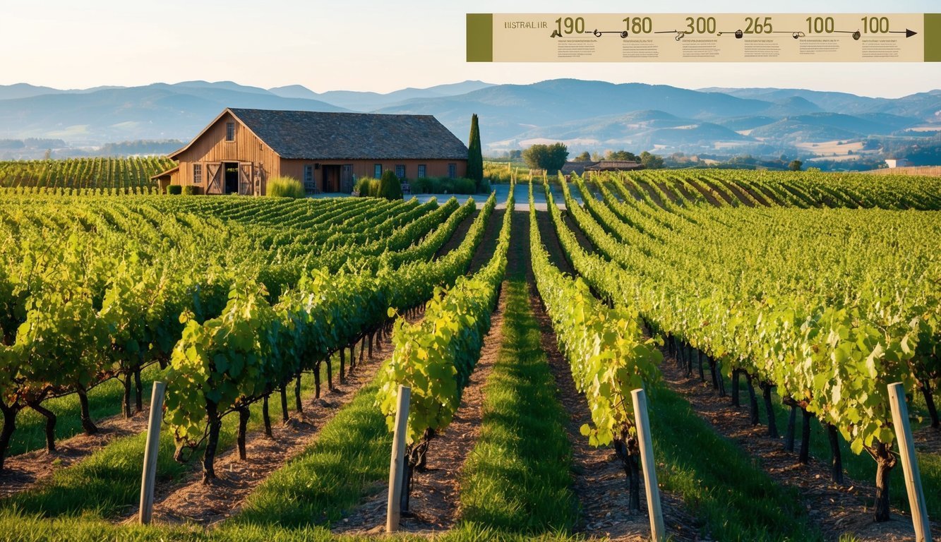 A vineyard with rows of grapevines stretching into the distance, a rustic winery in the background, and a historical timeline of wine production displayed on a banner