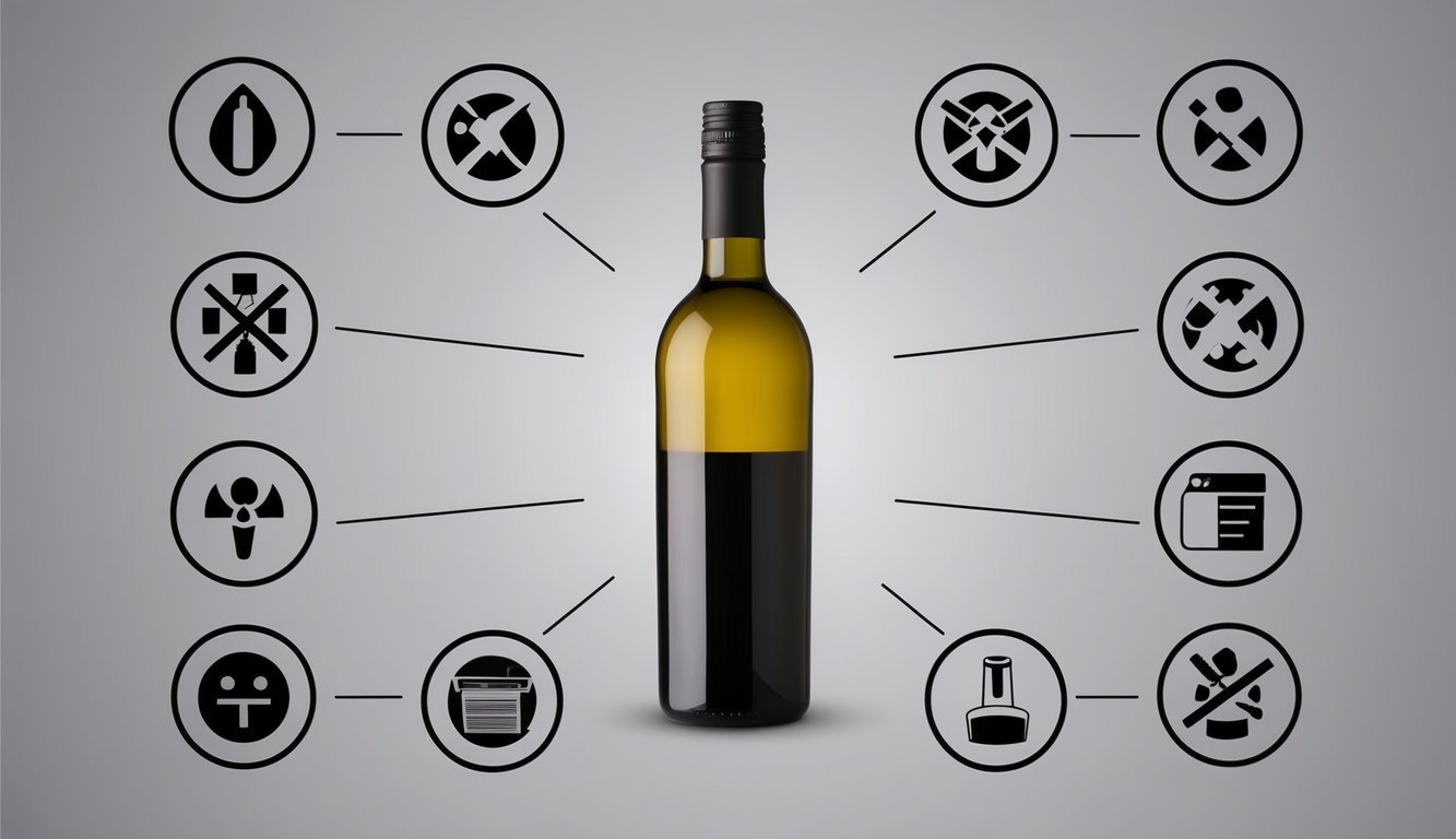 A wine bottle surrounded by 12 ominous symbols representing hidden health risks