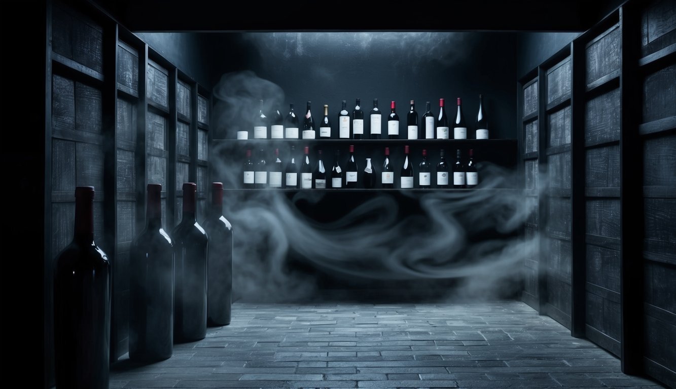 A dark, shadowy wine cellar with ominous bottles and swirling mist