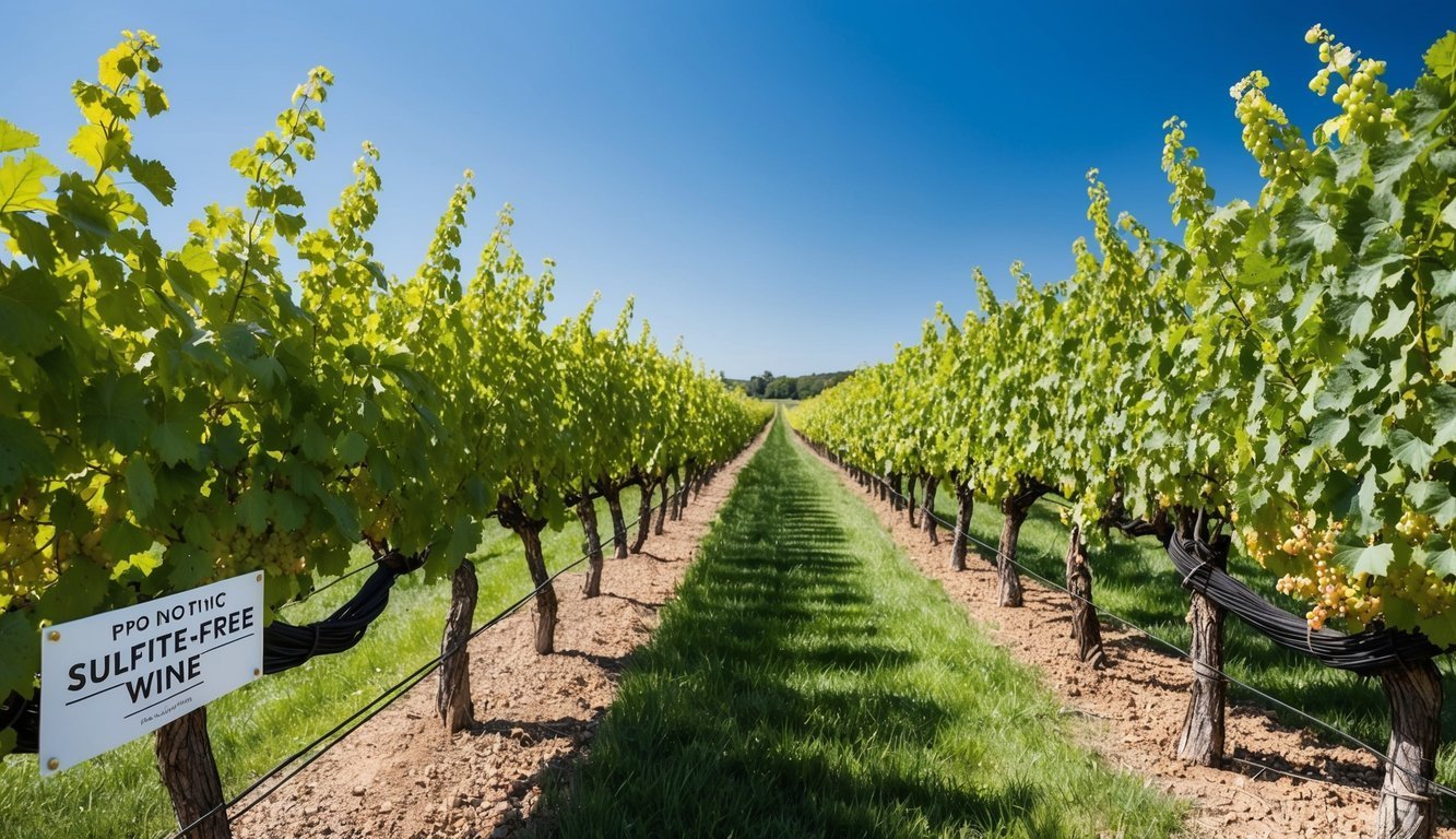 A vineyard with rows of grapevines under a clear sky, with a sign promoting sulfite-free wine
