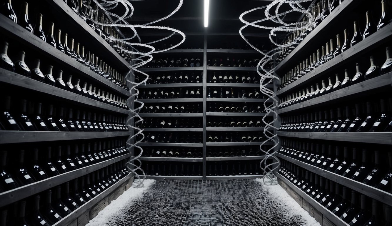A dark and foreboding wine cellar filled with rows of bottles, each one emitting an ominous glow, surrounded by swirling tendrils of sugar