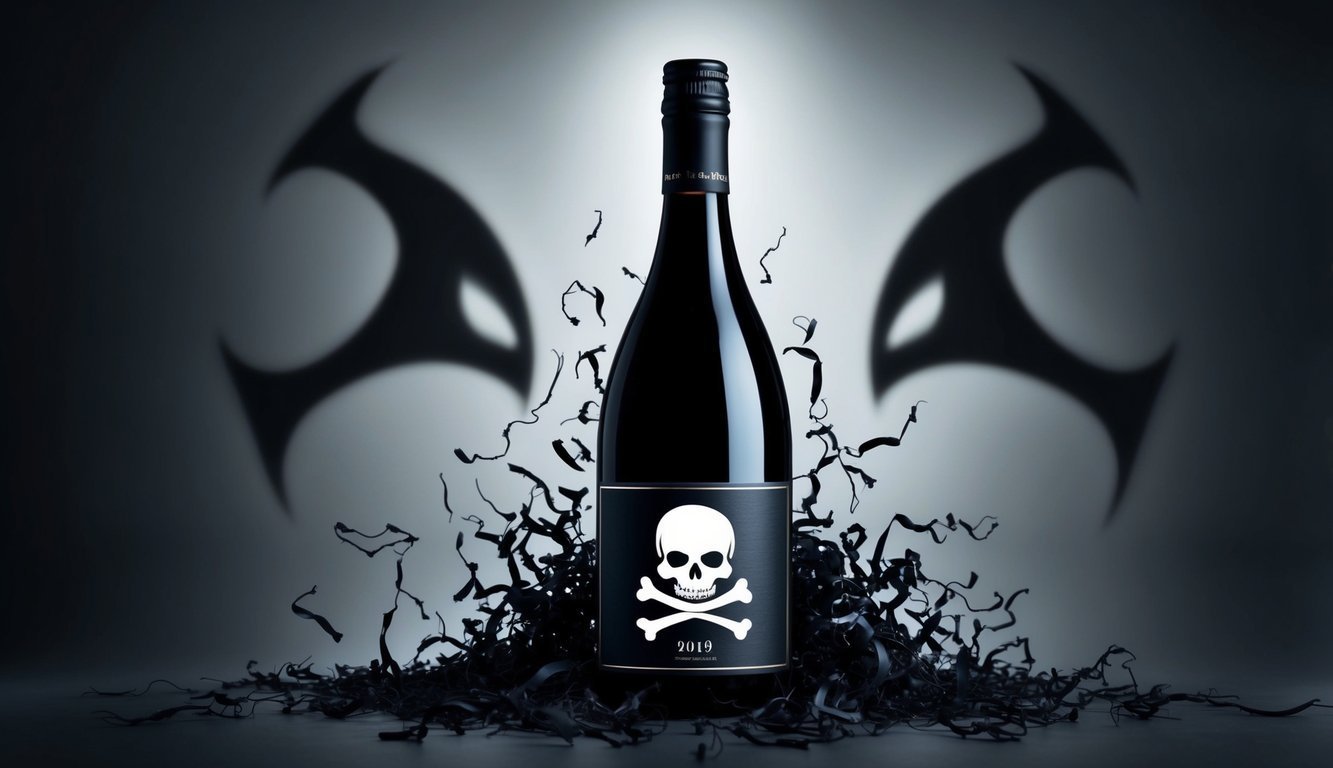 A wine bottle surrounded by ominous shadows, with a skull and crossbones symbol on the label