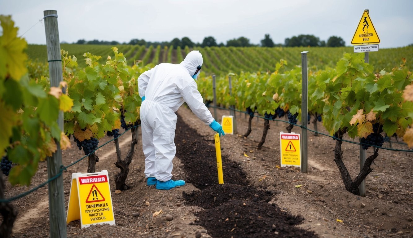 A vineyard with wilted grapevines surrounded by warning signs and a hazmat-suited figure testing the soil