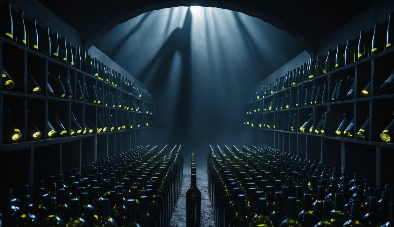 A dark, ominous cellar filled with rows of wine bottles, each one emitting a faint, eerie glow. Shadows loom in the background, hinting at the hidden dangers lurking within