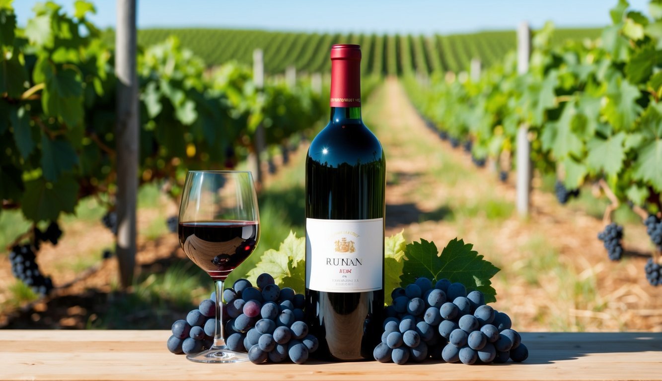 A bottle of red wine surrounded by grapes, with a vineyard in the background