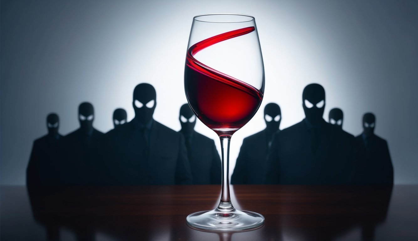 A wine glass with a swirling, deep red liquid, surrounded by ominous, shadowy figures representing hidden dangers