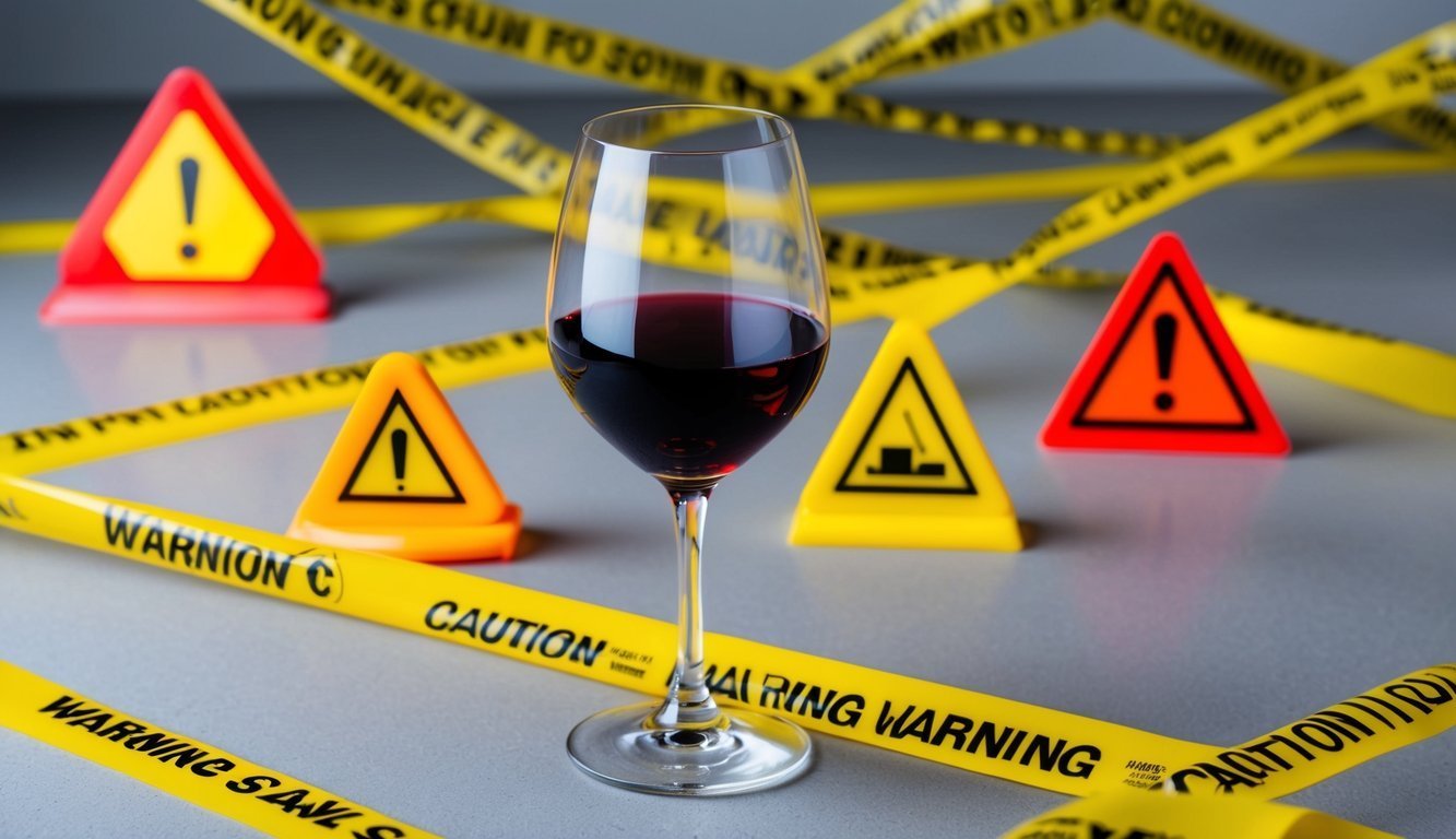 A glass of wine surrounded by warning signs and caution tape
