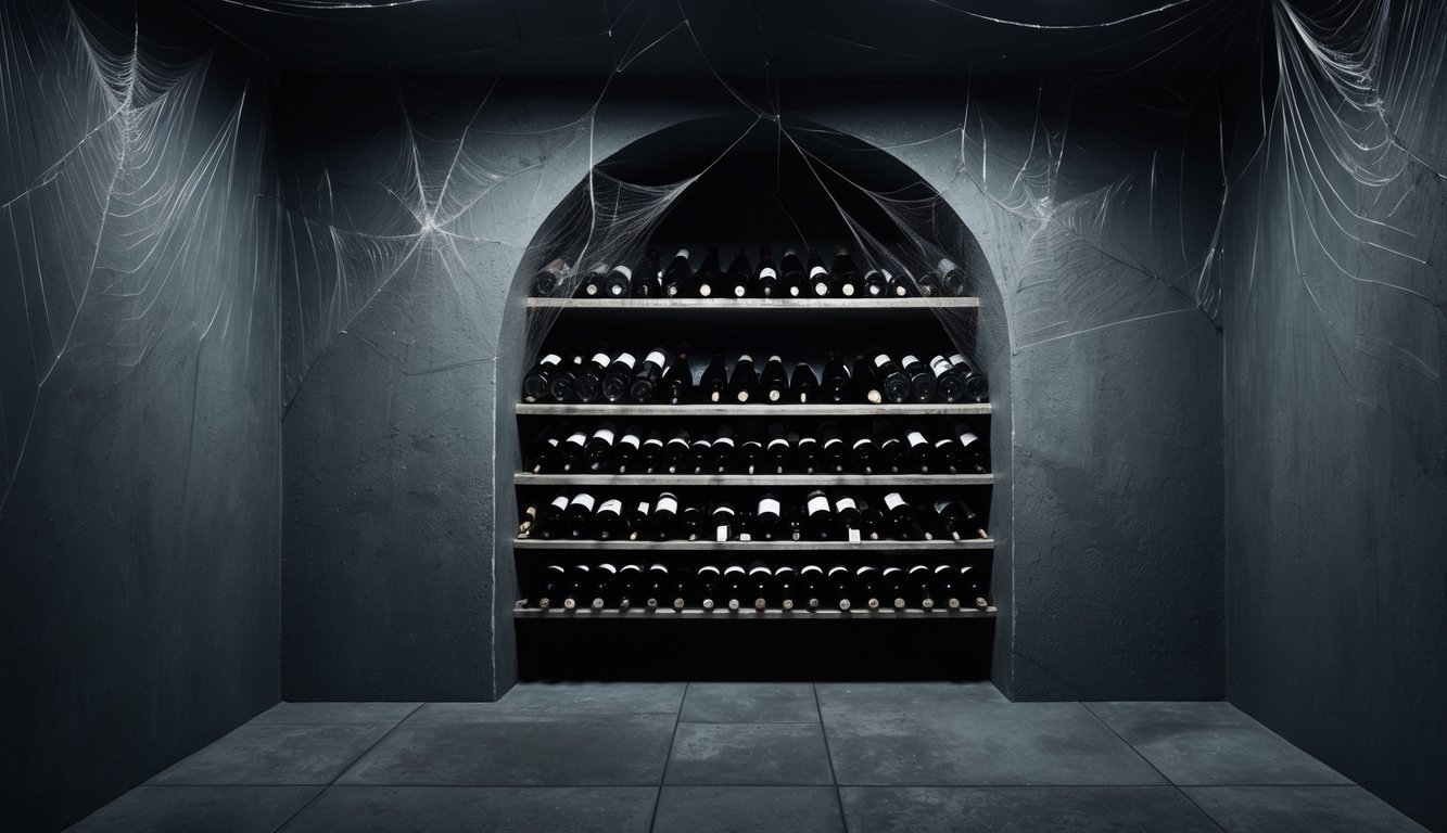 A dark, shadowy wine cellar with cobweb-covered bottles and ominous, looming shadows