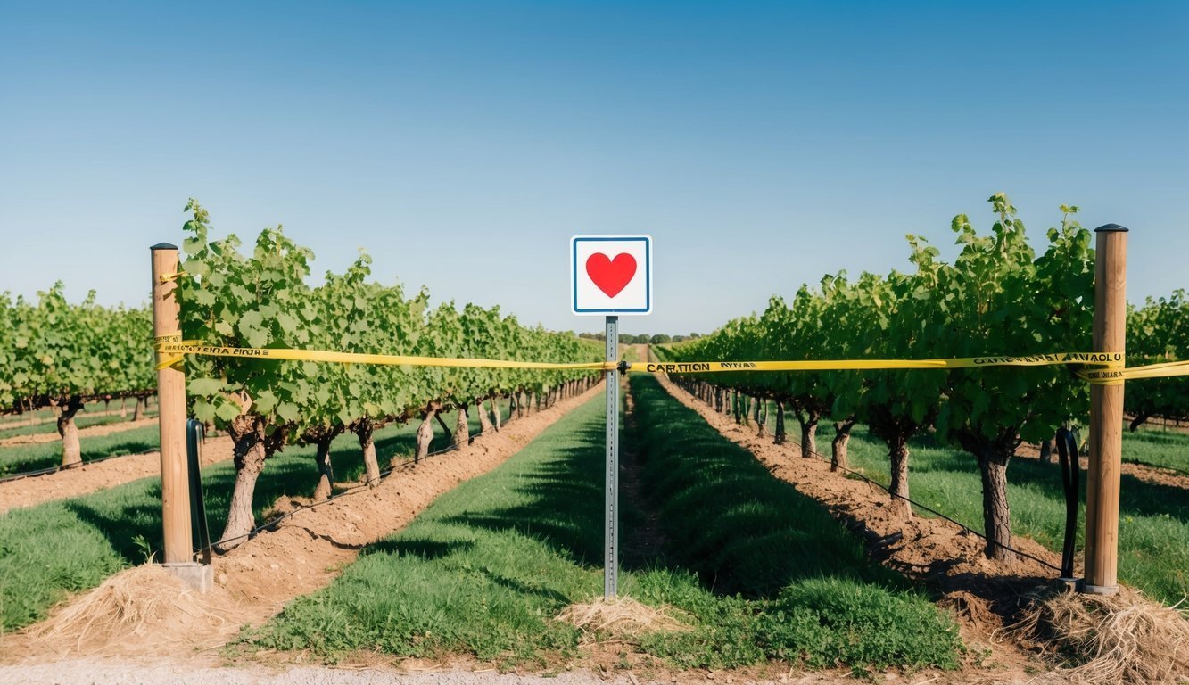 A vineyard scene with rows of grapevines, a clear blue sky, and a small sign with a red heart symbol, surrounded by caution tape