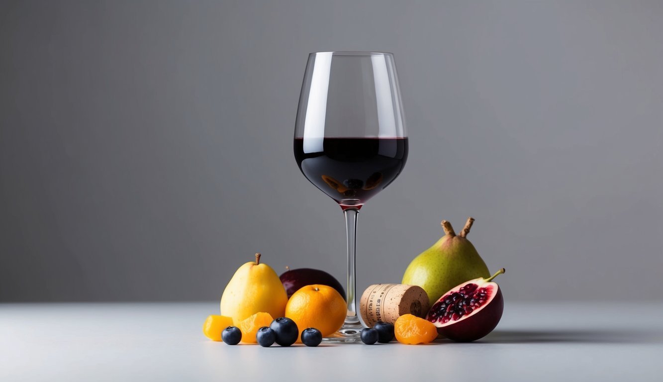 A wine glass with a dark red liquid, surrounded by various fruits and a cork, with a subtle shadow in the background
