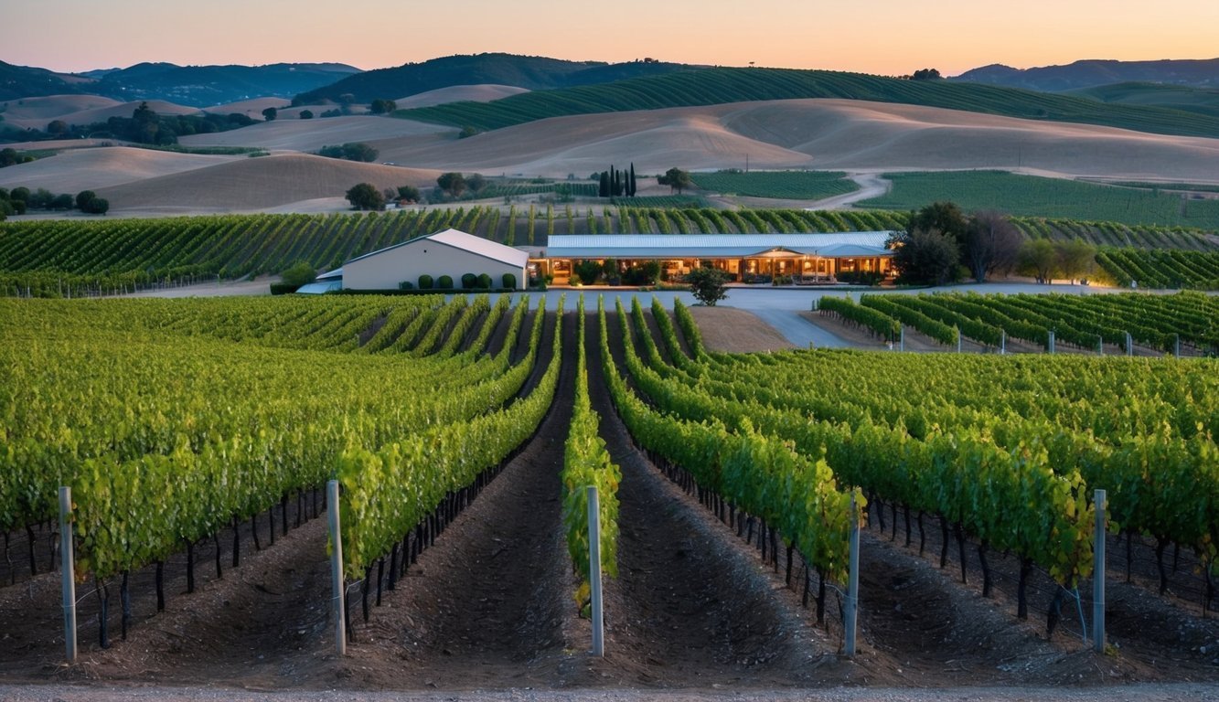 A vineyard at dusk, with rows of grapevines stretching into the distance. A winery in the background, surrounded by rolling hills and a clear sky
