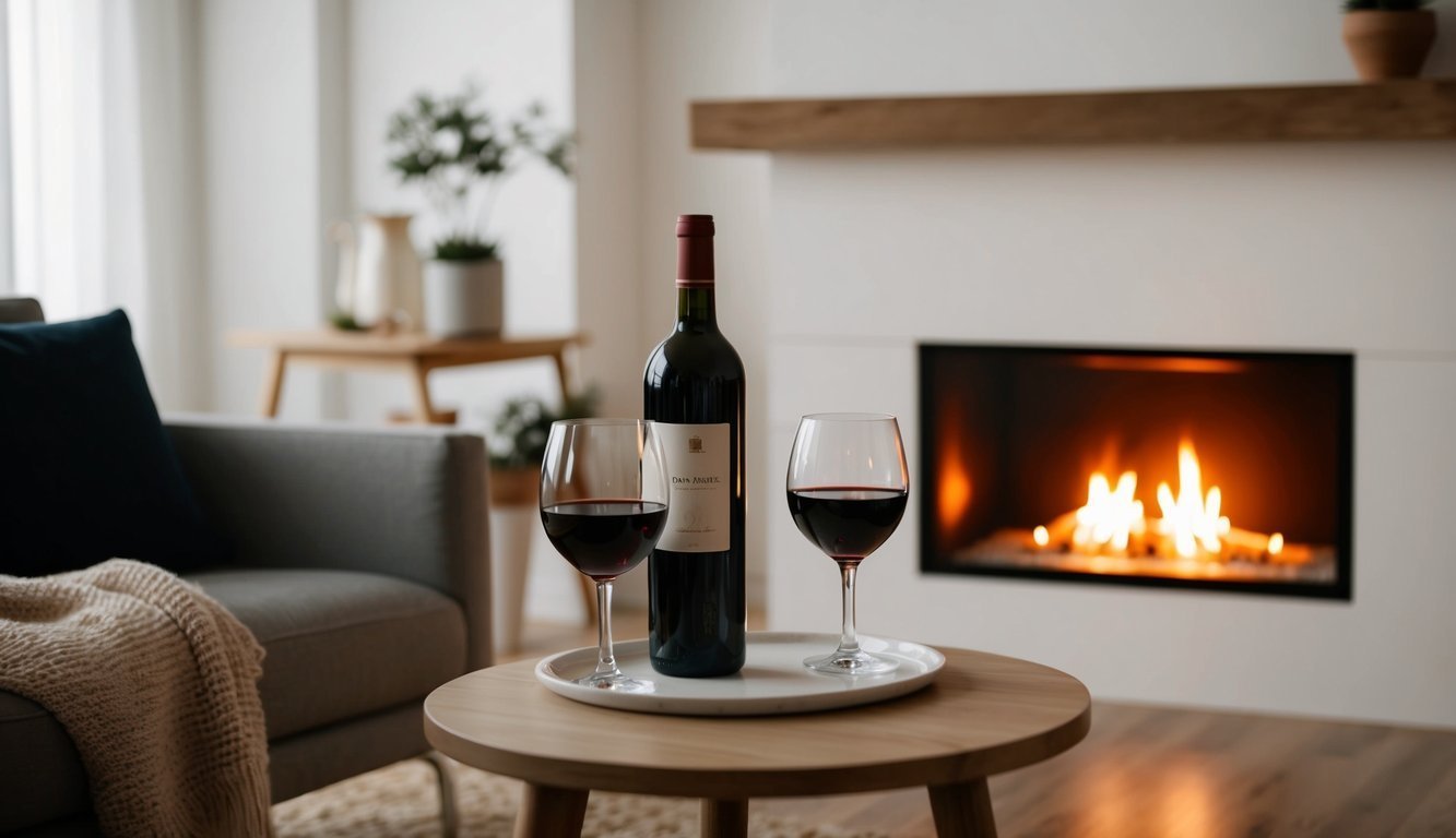 A cozy evening with a bottle of wine and a flickering fireplace
