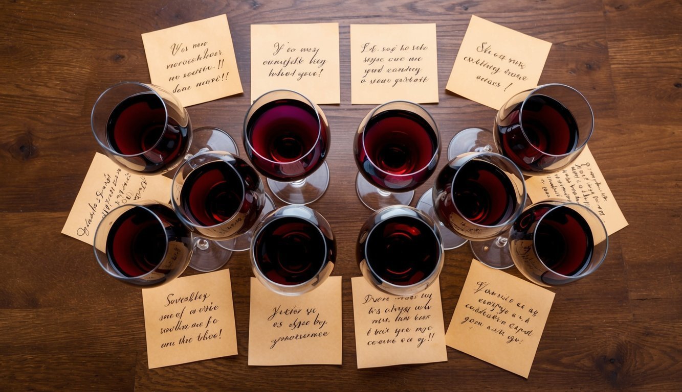 A table set with nine overflowing wine glasses, surrounded by scattered sweet words written on parchment