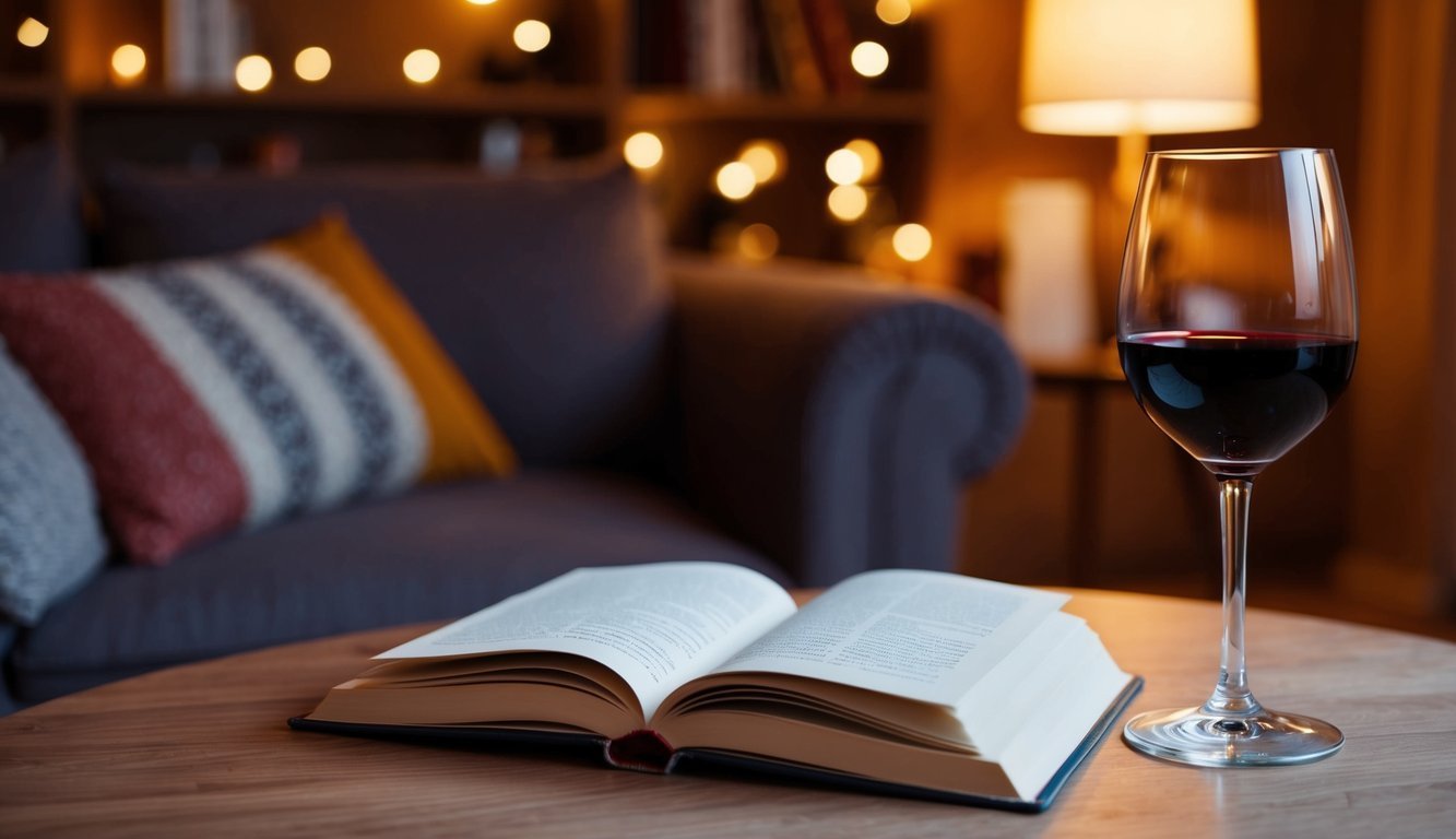 A warm and inviting scene with a book and wine on a cozy night