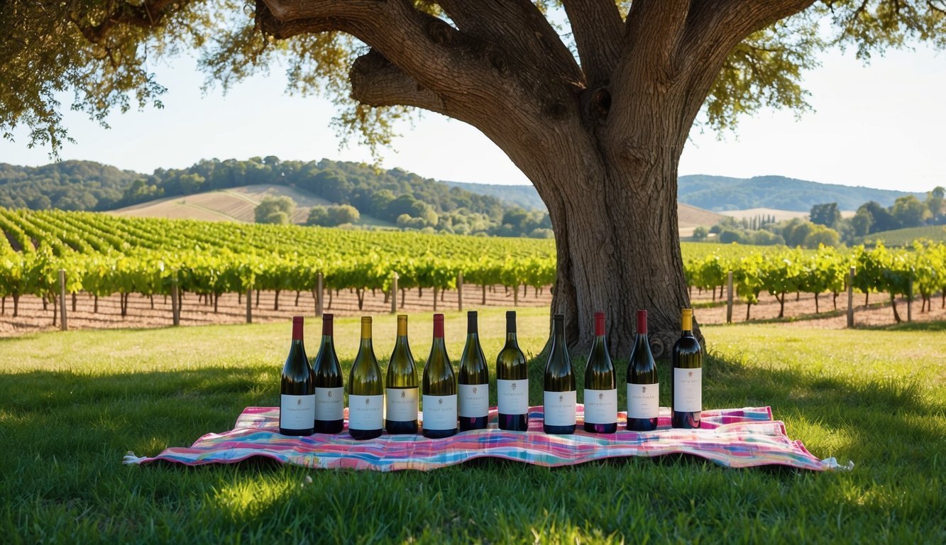 A group of wine bottles clustered on a picnic blanket under a shady oak tree, surrounded by vineyards and rolling hills