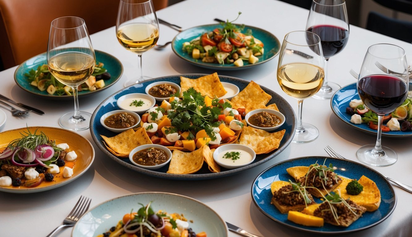 A table set with an array of colorful tapas dishes, surrounded by nine different wine glasses, each filled with a unique wine pairing