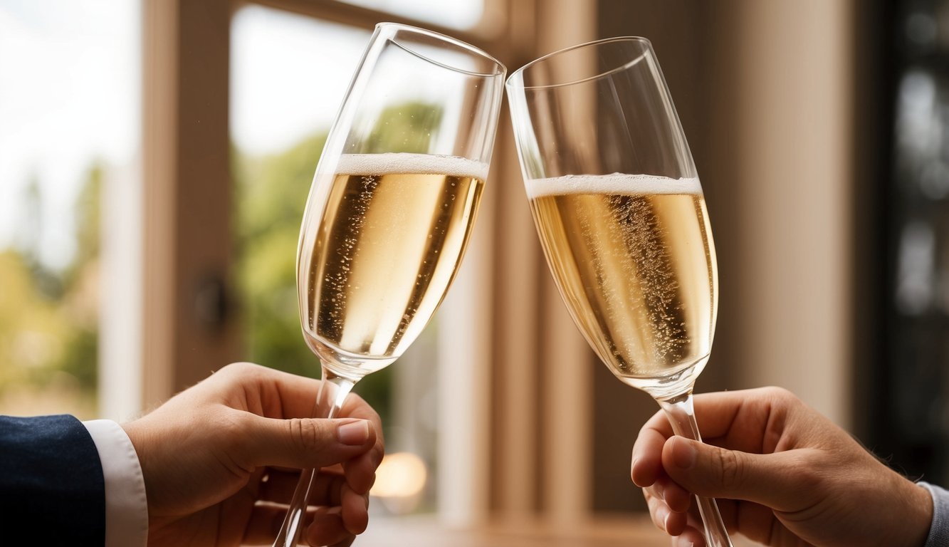 Two champagne glasses clinking together in a celebratory toast