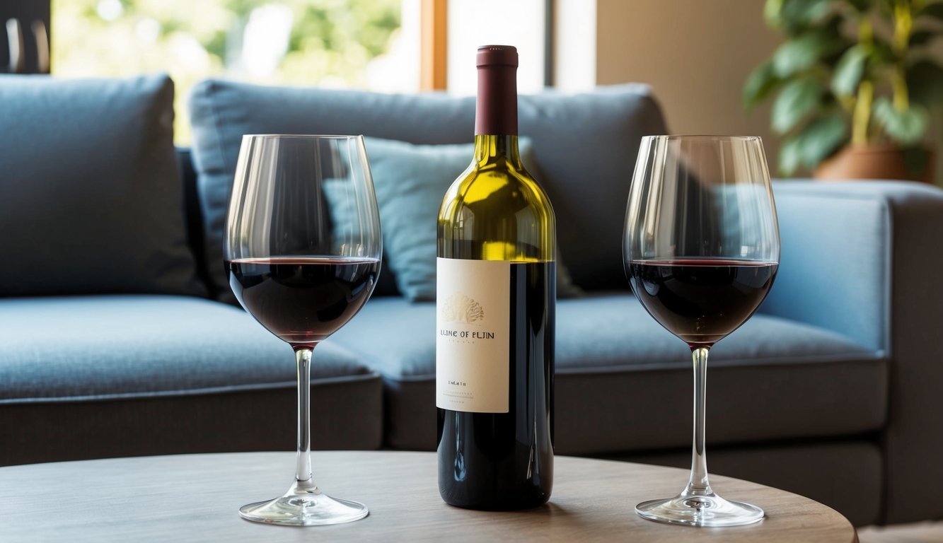 A cozy living room with two wine glasses, a bottle, and a comfortable sofa