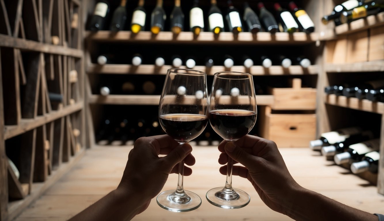 A cozy, dimly lit wine cellar with dusty bottles and two glasses clinking together in a toast