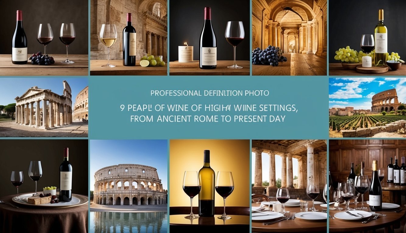A table set with nine different scenes of wine being enjoyed in historical settings, from ancient Rome to the present day