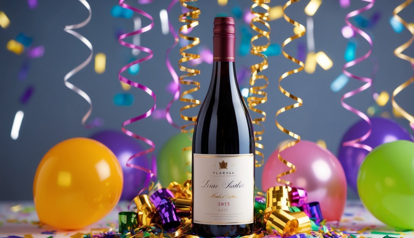 A bottle of wine surrounded by confetti and party streamers, with a festive atmosphere in the background