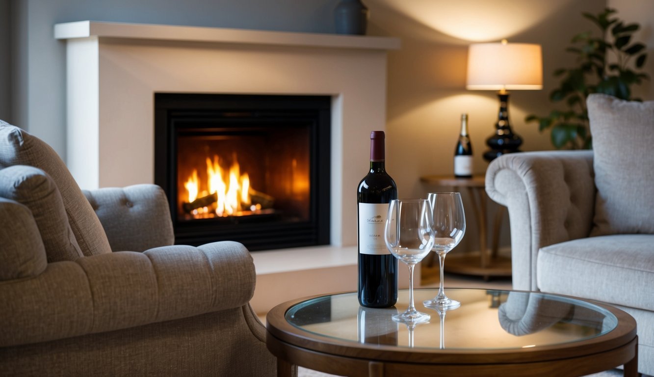 A cozy living room with a crackling fireplace, a plush armchair, and a table set with a bottle of wine and two elegant glasses