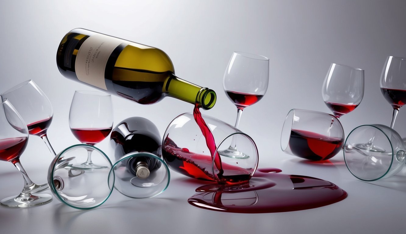 A bottle of wine surrounded by empty glasses, each one tipped over and spilling red liquid onto the table