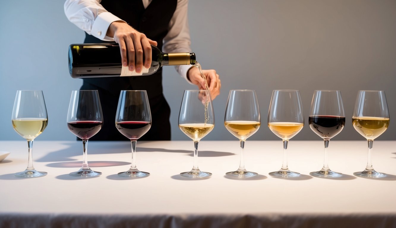 A table set with six wine glasses, each containing a different type of wine. A sommelier pours a seventh glass, preparing to reveal the secrets of each