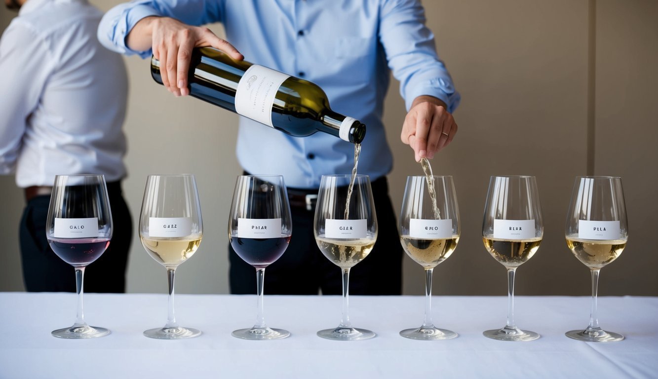 A table set with six different glasses of wine, each labeled with a unique grape variety. A sommelier pours a taste from a bottle into one of the glasses