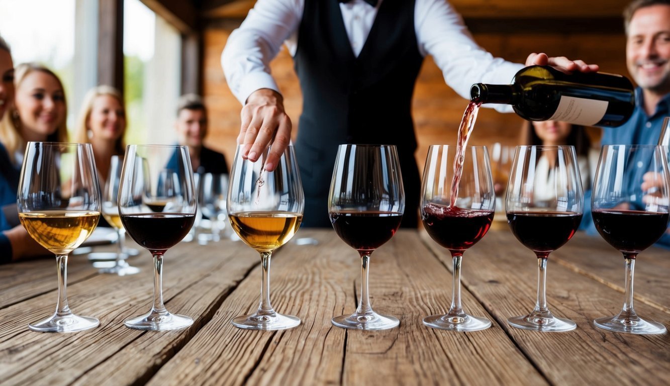 A table set with six different wine glasses, each containing a different type of wine. A sommelier pours a red wine into one of the glasses as guests eagerly await the tasting experience