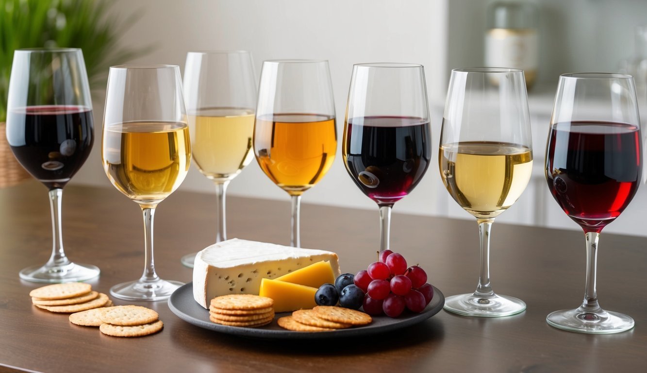 A table set with six glasses of wine in varying colors and shapes, accompanied by a selection of cheeses, fruits, and crackers