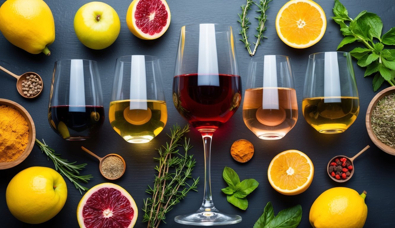 A wine glass with six different wines in various shades and aromas, surrounded by fresh fruits, herbs, and spices