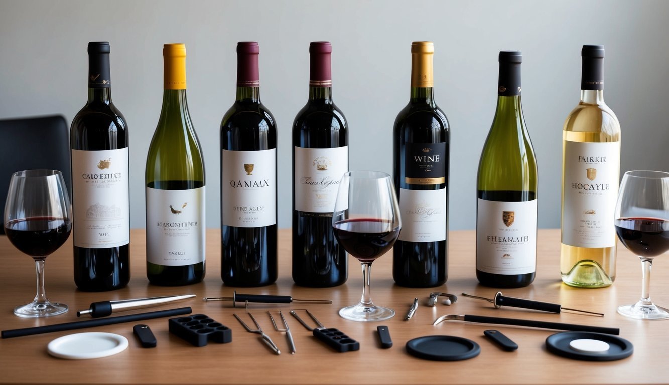 A table set with six different wine bottles, each with a filled glass next to it. A variety of wine tasting tools and accessories are scattered around the table