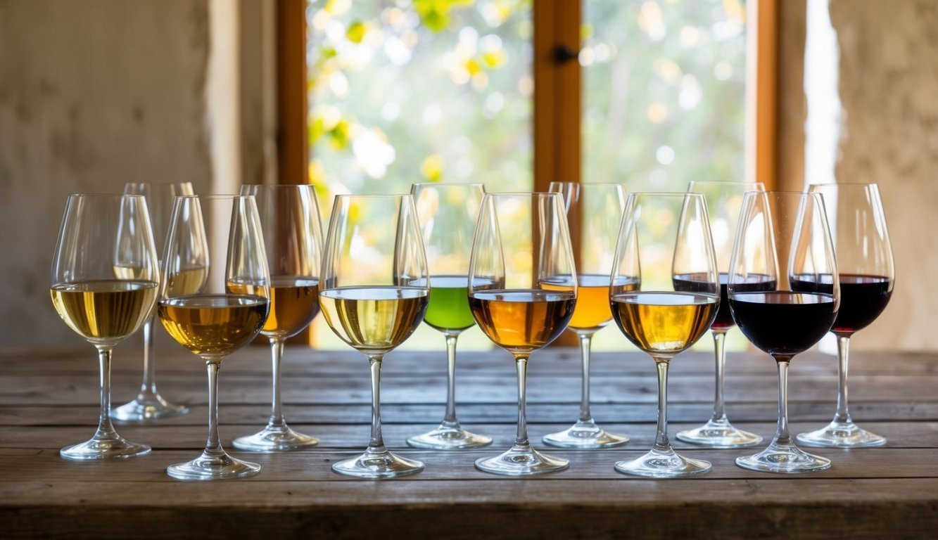 A rustic wooden table adorned with an array of unadorned wine glasses, each filled with a different shade of natural wine. A soft, dappled light filters through the window, casting a warm glow on the scene