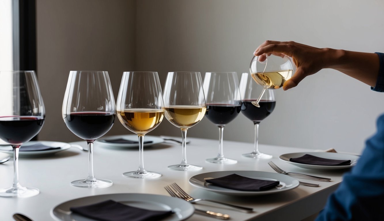 A table set with six different wine glasses, each containing a different type of wine. A person is swirling one of the glasses, examining the color and aroma