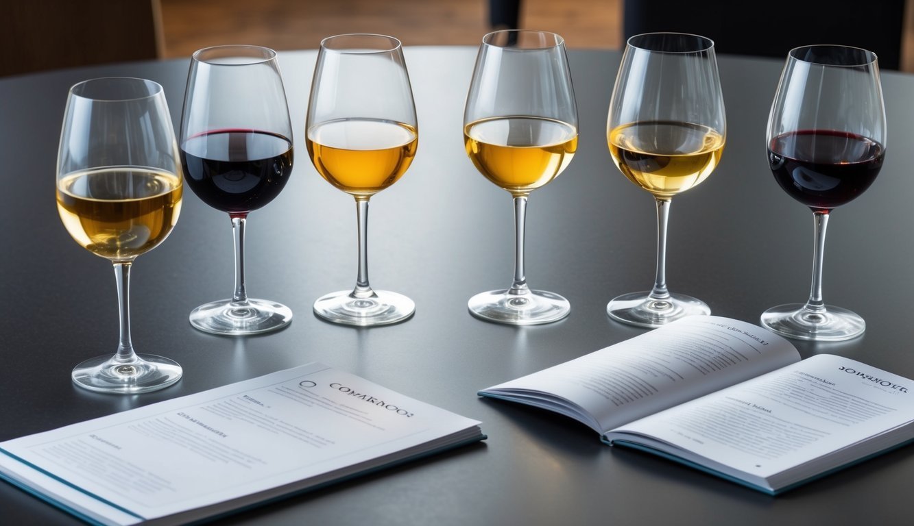 A table set with six different wine glasses, each filled with a different varietal of wine. A sommelier's guidebook lies open beside them
