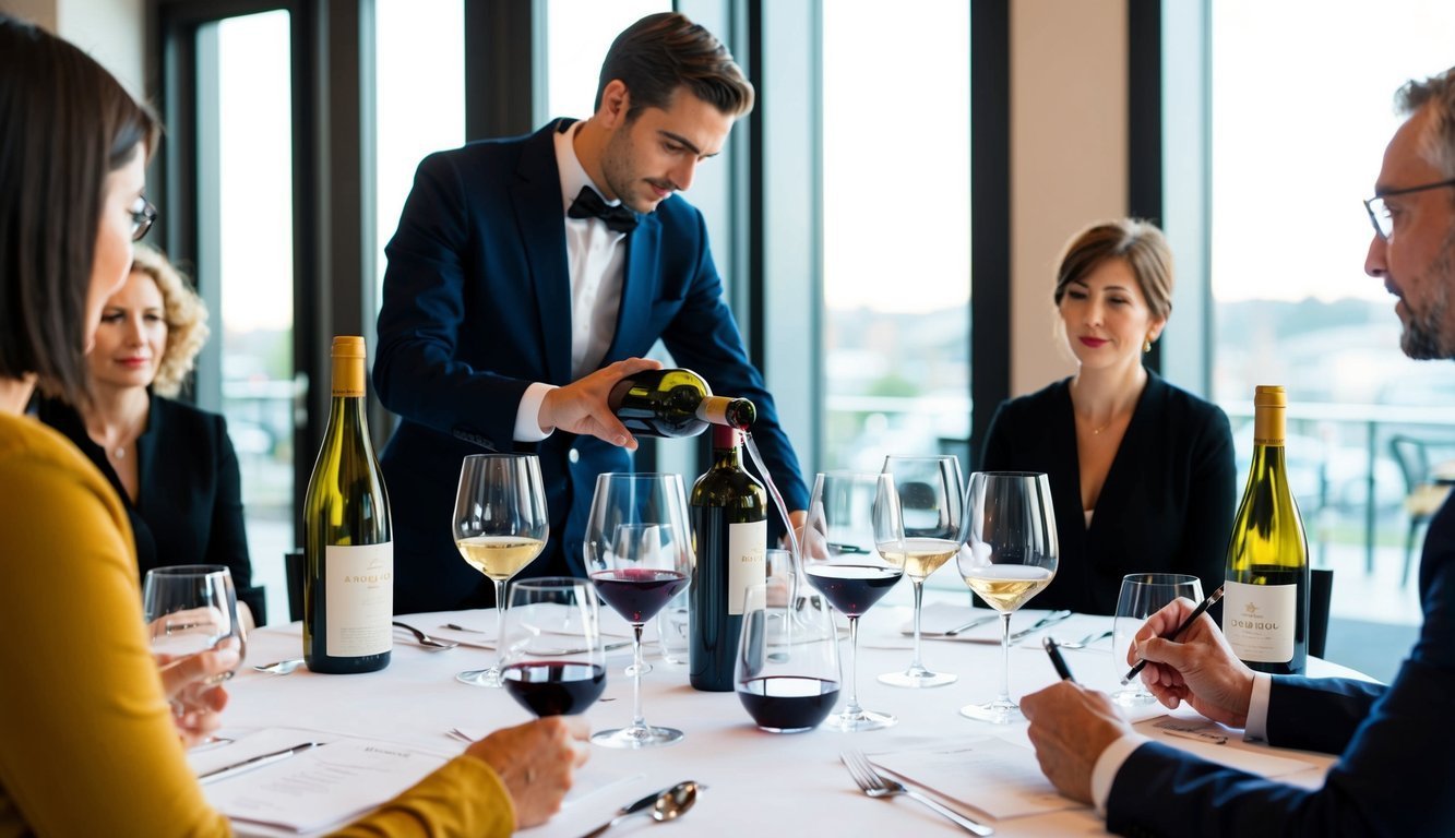 A table set with various wine glasses, bottles, and tasting notes. A sommelier pouring wine into a glass while guests observe and take notes